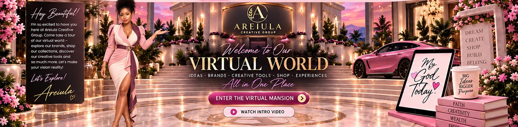 The Areiula Creative Group lobby at sunset: a pink-lit grand staircase
            beneath the gold Areiula sign, palms and flowers along both sides, a pink
            coupe at the right, and Areiula standing at the foot of the stairs
            welcoming you in.